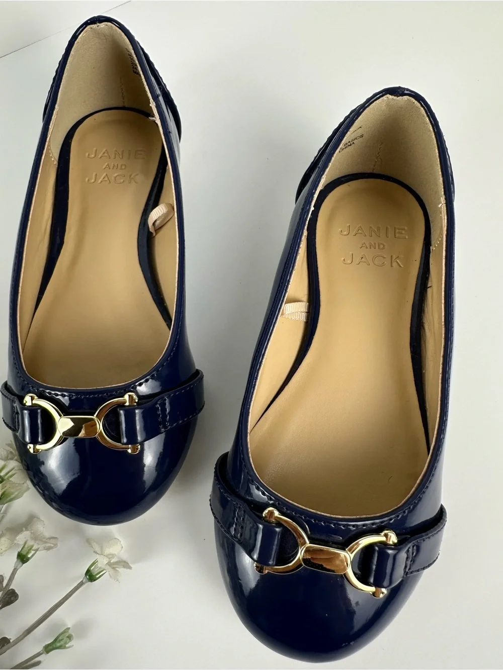 Janie and Jack Girls Navy Patent Ballet Flats Gold Hardware Size 9